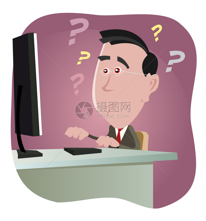在办公室工作的一位卡通白人男子在计算机错误事件上图片