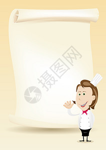 欢迎进店说明一位快乐的厨艺女郎在羊皮纸背景上插画