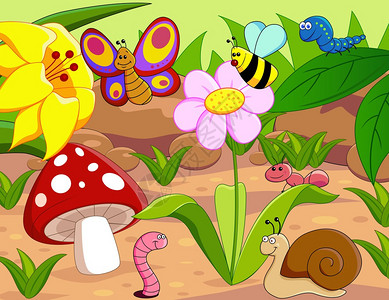 地上有蜗牛和蠕虫的昆虫家庭有趣的卡图片