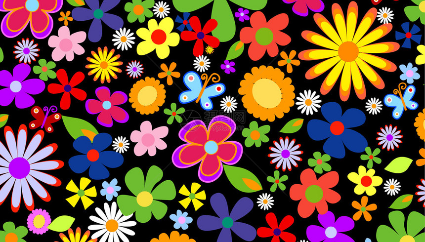 黑色背景插图上的春天花朵图片