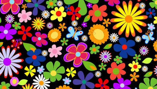 黑色背景插图上的春天花朵图片
