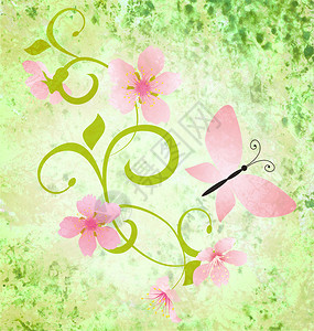 春天或夏天grunge背景与蝴蝶和花朵剪影图片