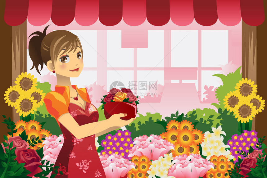 一位花卉女孩在花店里拿着一盆图片