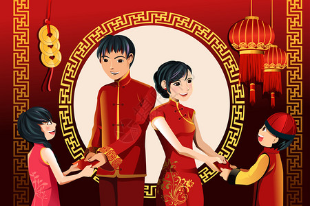 亚洲父母给孩子发红包庆祝农历新年的矢量图图片