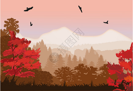 与山附近的红色秋天森林的插图图片