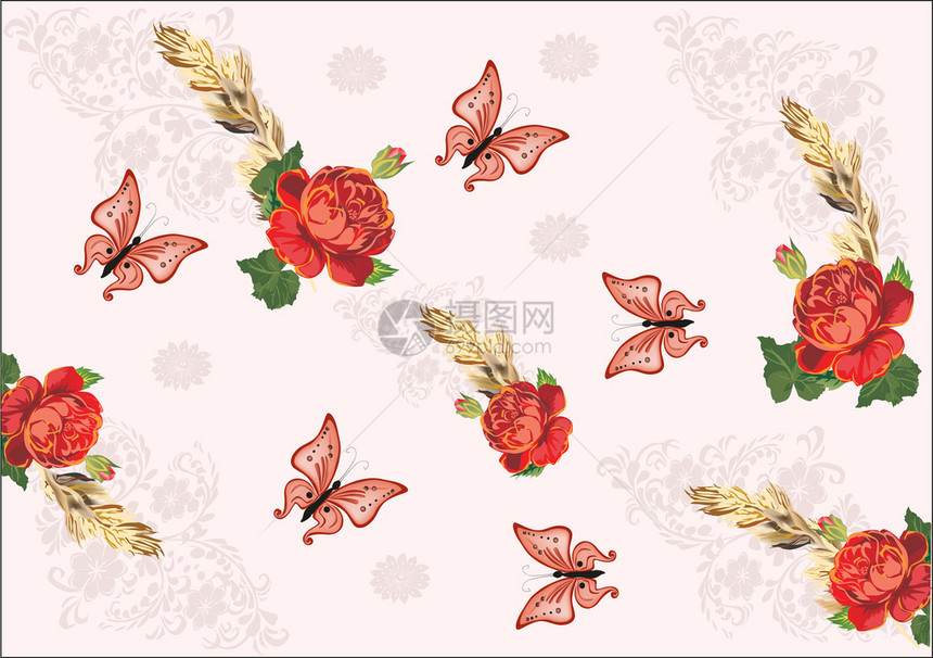 玫瑰花和蝴蝶的插图图片