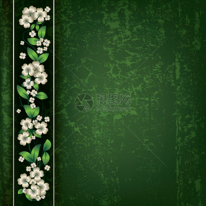 抽象的绿色垃圾背景与白色春天的花朵图片