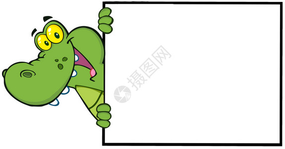 微笑的鳄鱼环顾一个空白的标志图片