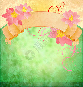 Grunge复古绿色背景与粉红色的花朵和滚动图片