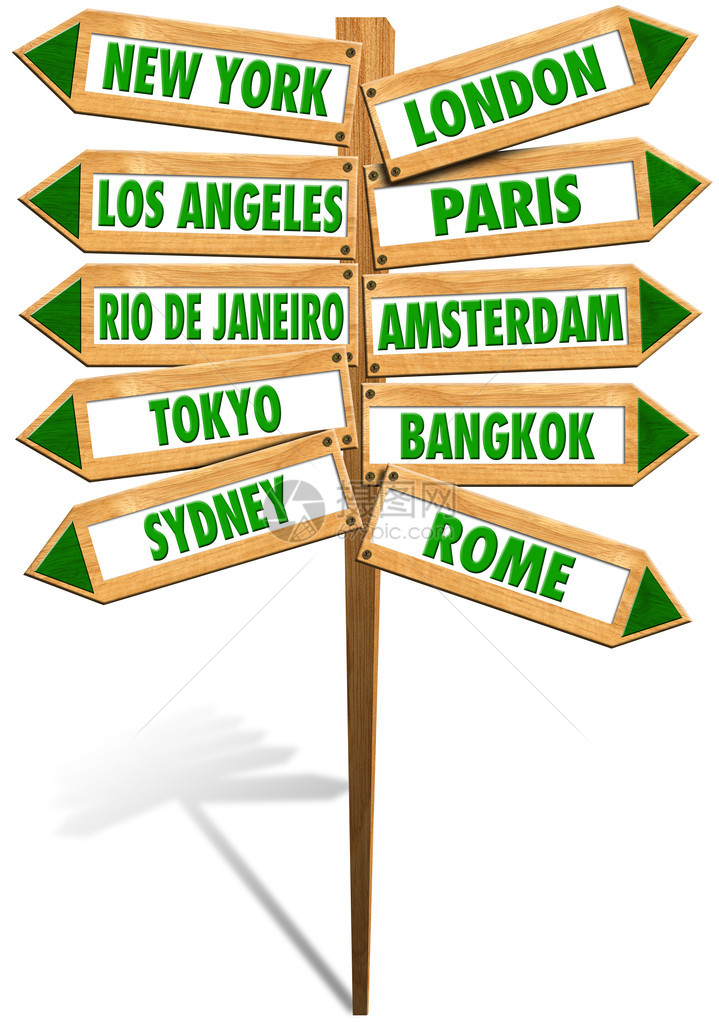 以箭向世界最受欢迎的城市展示木制标志图片