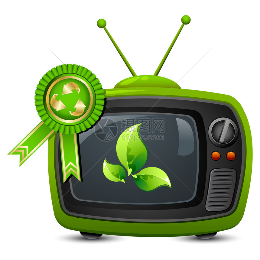 以白色孤立背景用回收徽章显示叶子的电视图片
