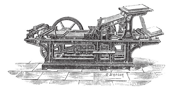 带有一个滚筒的印刷机的旧雕刻插图图片