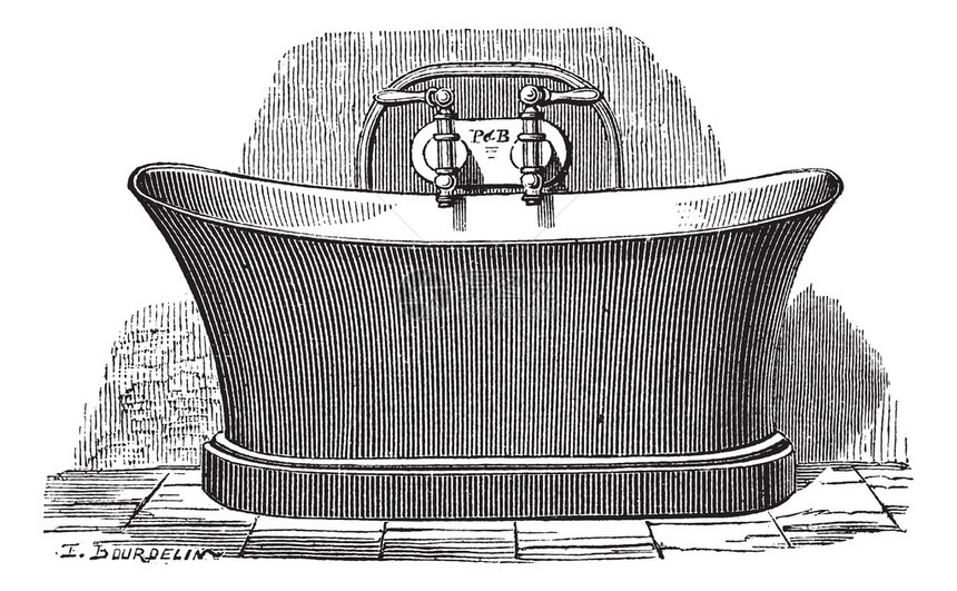 为公众洗澡而建立的铜浴缸的旧刻画插图图片