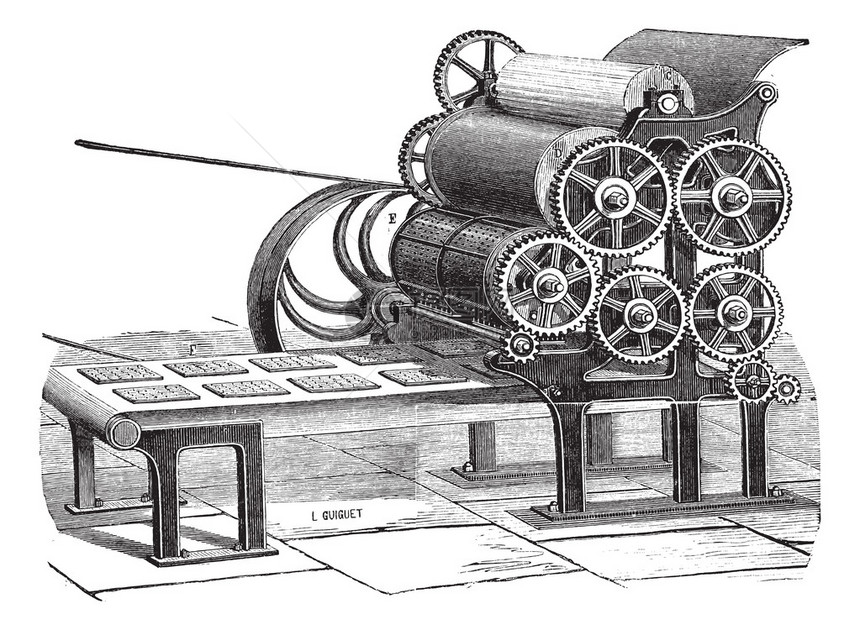 旧的饼干Hardtack制造机器在白色背景上被隔离的老雕刻插图图片