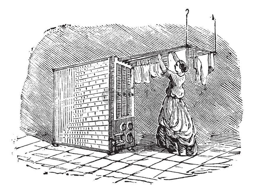 旧刻的可移动干衣机与女人把衣服放在上面的插图工业百科全书EO拉米图片