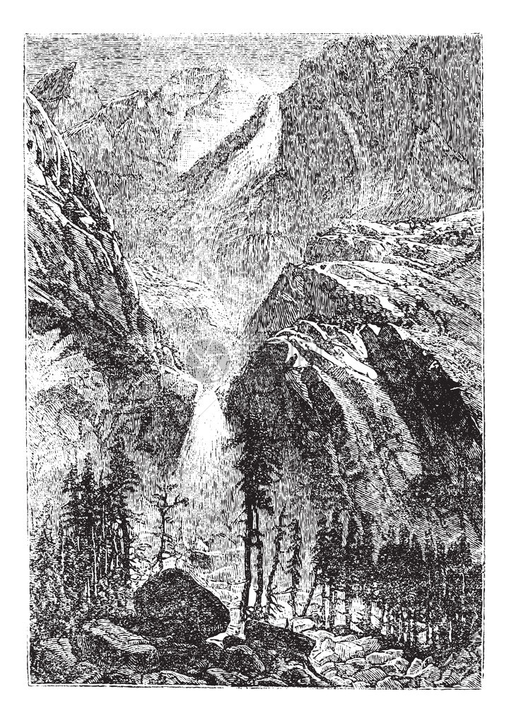 美国加利福尼亚州内华达山脉的约塞米特瀑布古典雕刻图片
