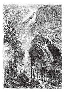 优胜美地美国加利福尼亚州内华达山脉的约塞米特瀑布古典雕刻插画