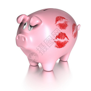 有许多红嘴唇印着投资和金融概念的亲吻小猪银图片