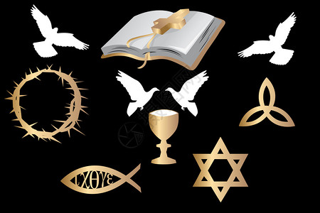 各种宗教象征物和在黑色背景图片