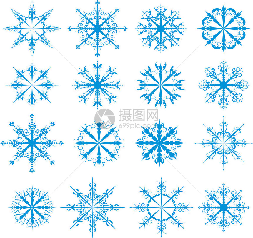 16种不同雪花的图标集图片