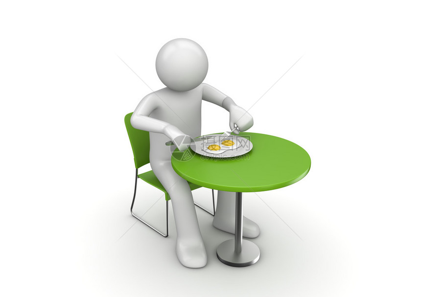 吃美味早餐3个在白色背景字符系列中孤立的白人背图片