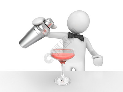 查马丁酒保为你倒粉红鸡尾酒3D在白色背景字符系设计图片