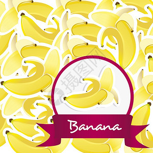 许多带有白色边界的香蕉背景上圆形标签上的剥图片