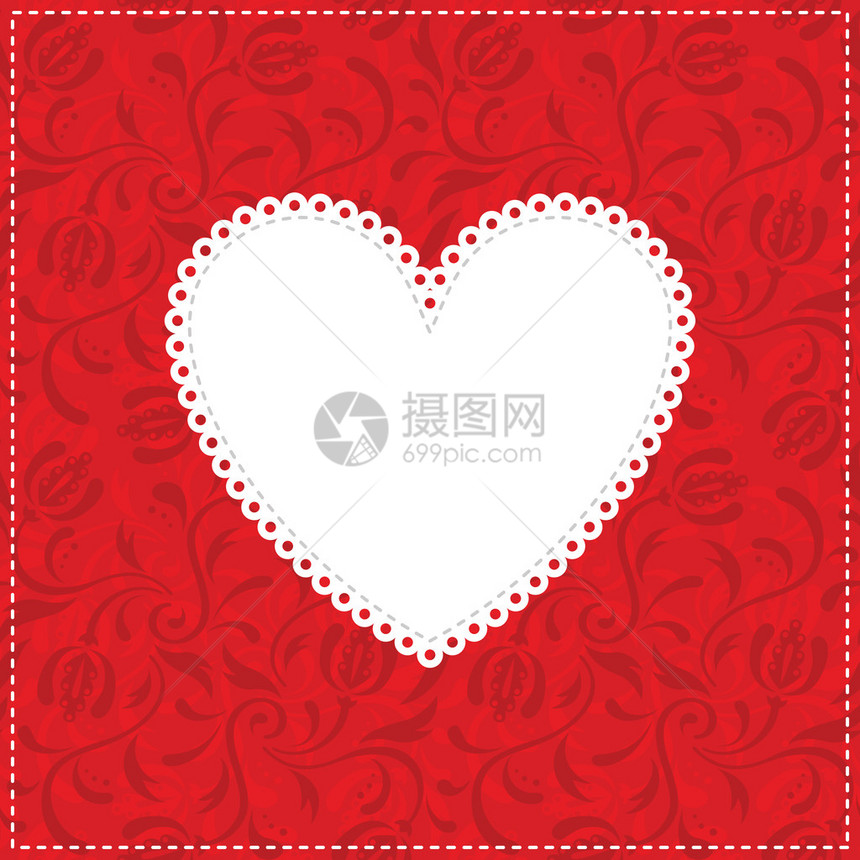 红色装饰背景上的白色花边心图片