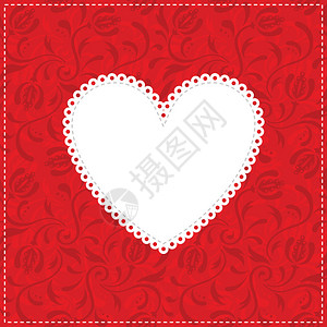 红色装饰背景上的白色花边心背景图片
