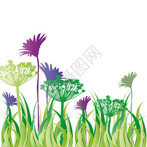 剪影五颜六色的花和草在地上背景图片