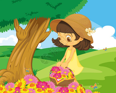 可爱的女孩在公园里摘花背景图片