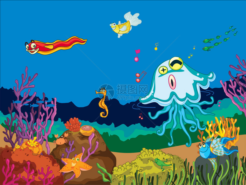 海洋动物在水中的插图图片