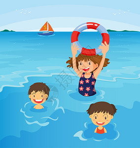 孩子们在海滩游泳插图图片