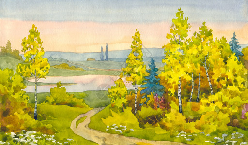 一条狭小的路线顺着黄幼树向山谷湖的方向飘扬而图片