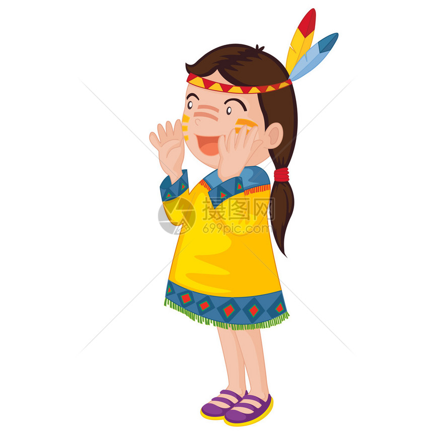 一个年轻女孩打扮成美国印第安人的插图片