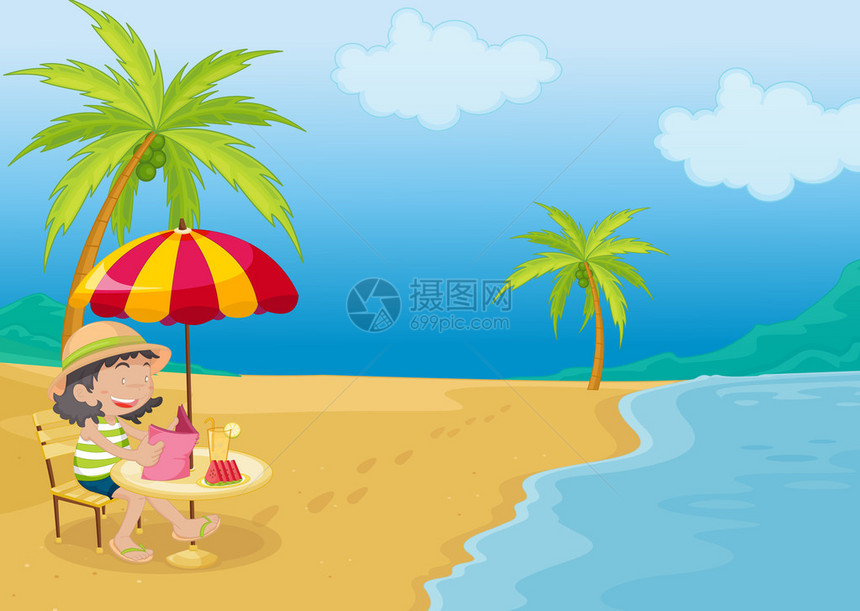 一个女孩在沙滩上放松的插图图片