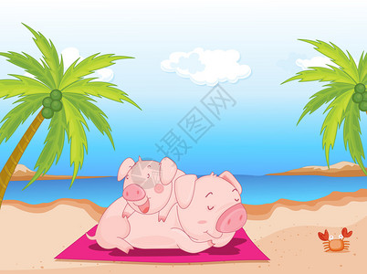 两只猪在沙滩上放松的插图图片