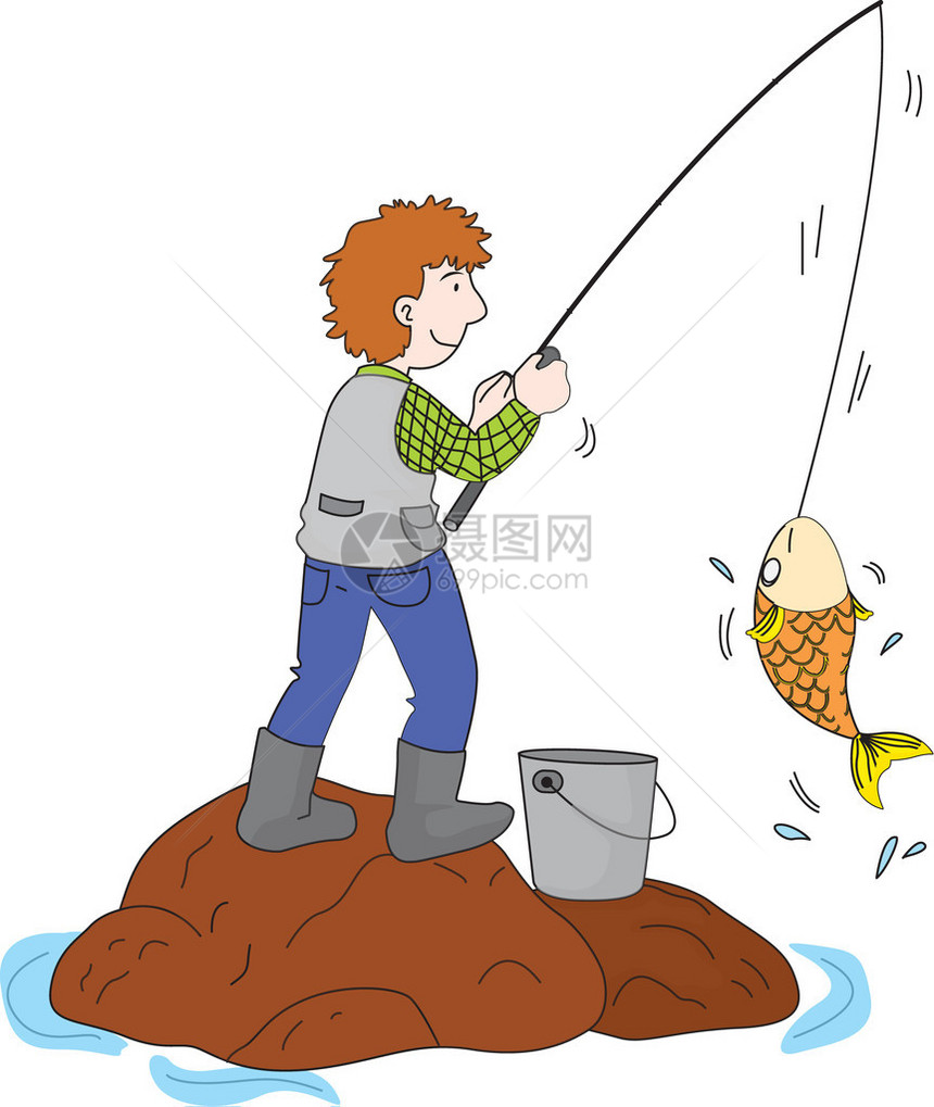 一个人在岩石上捕鱼的插图图片