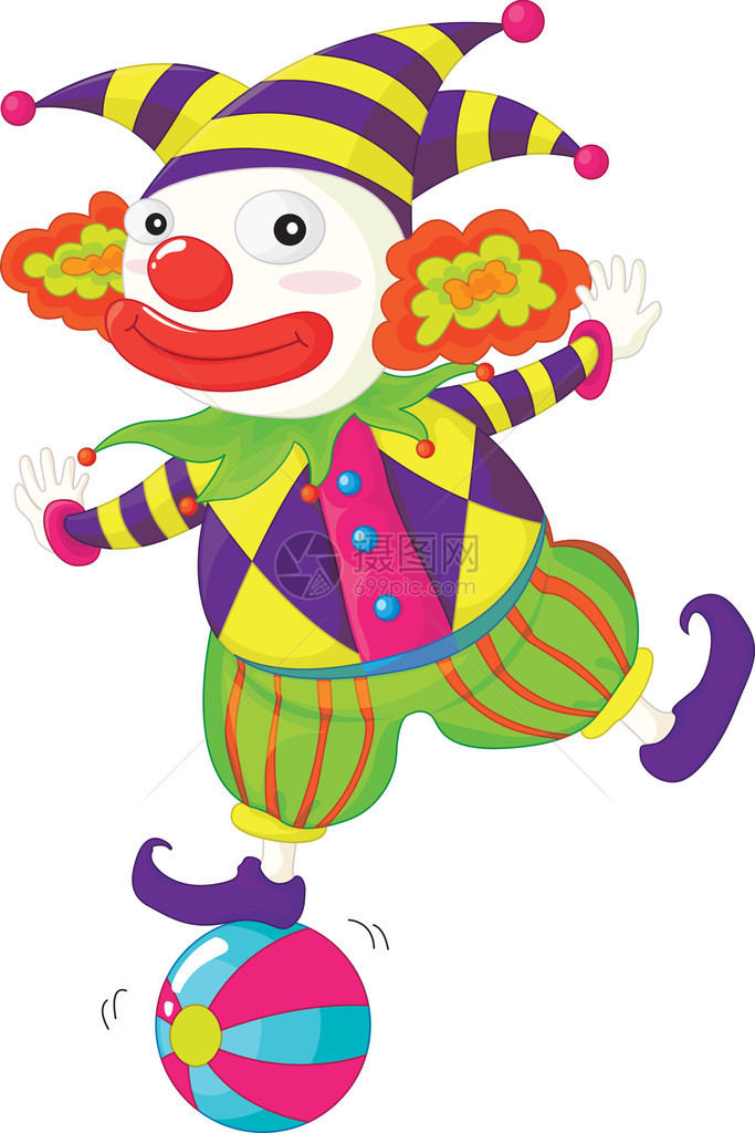 小丑在球上保持平衡的插图图片