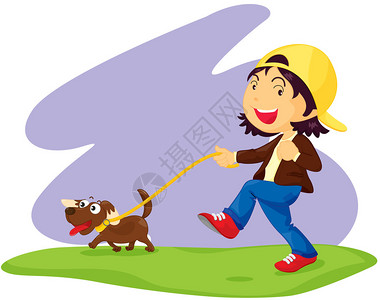 一个女孩带着狗在公园里散步的插图图片