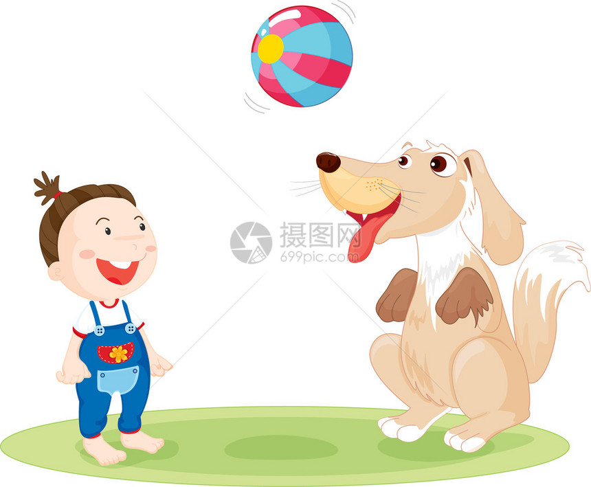 一个孩子和一只狗玩球的插图图片