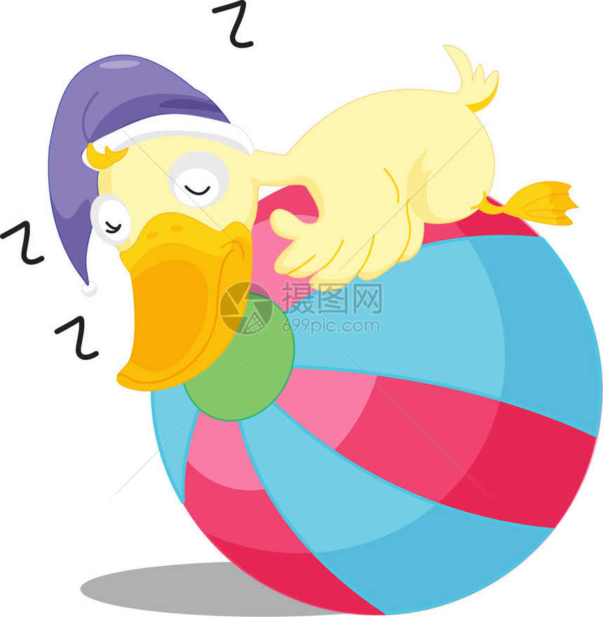 一只鸭子睡在沙滩球上的插图图片