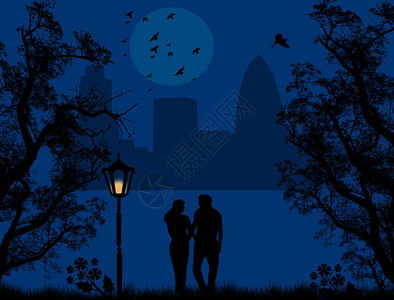 在美丽的蓝色夜晚的一个城市公园中的夫图片
