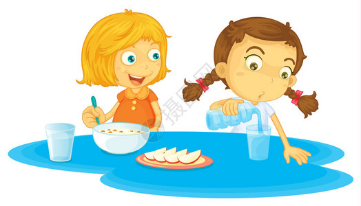 两个女孩吃早餐的插图高清图片