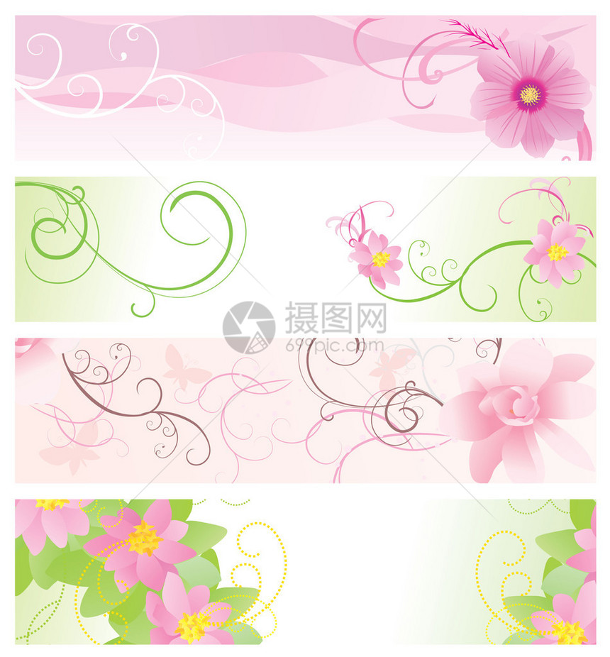 粉红色和绿色花卉横幅矢量图片