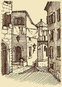 向量城市风景在狭窄的中世纪街两栋房子图片