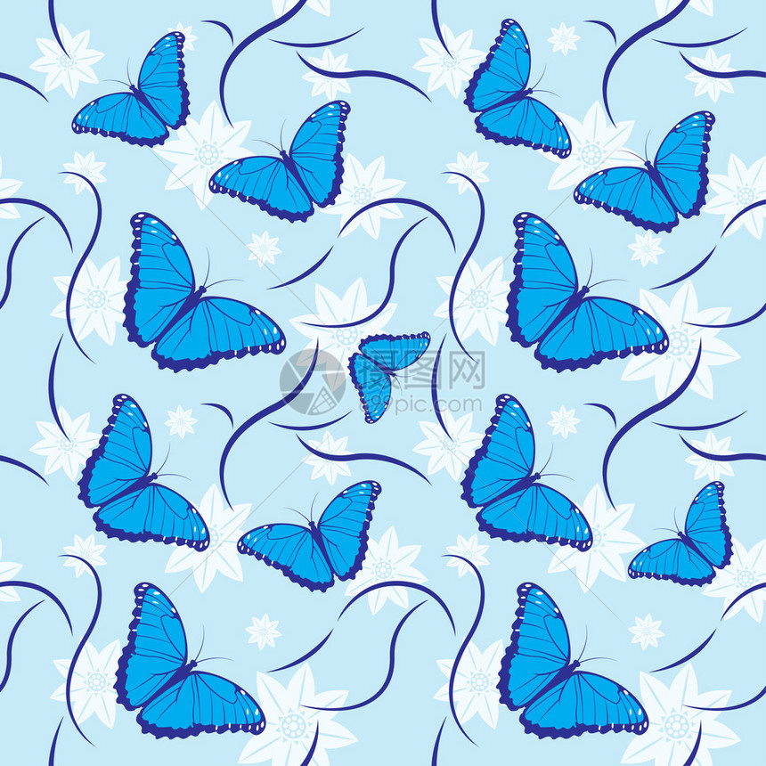 蓝色花朵和蝴蝶的无缝图案图片