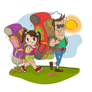 背着包旅行的父女游客图片