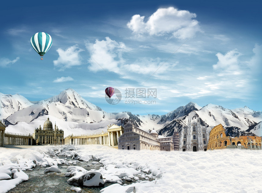 意大利在雪地的标阿尔卑山上有溪流有热空气球在图片