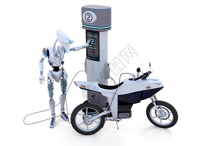 机器人用白色背景在充电站使用自动和电图片